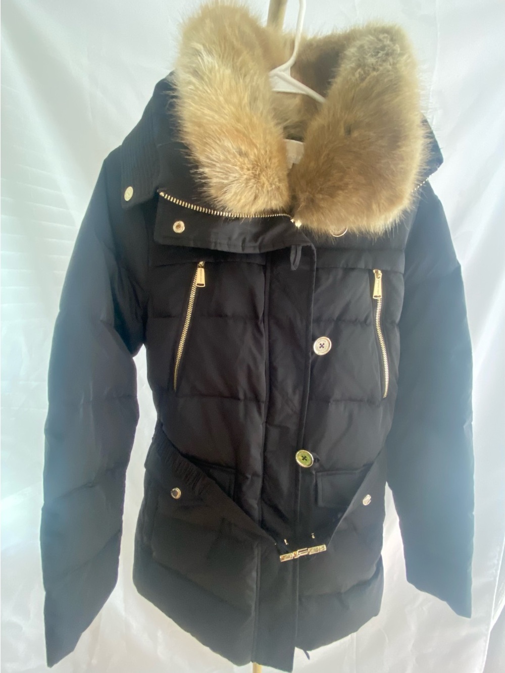 MICHAEL Michael Kors Women’s Black Puffer Coat with Tan Faux Fur Trim Size M